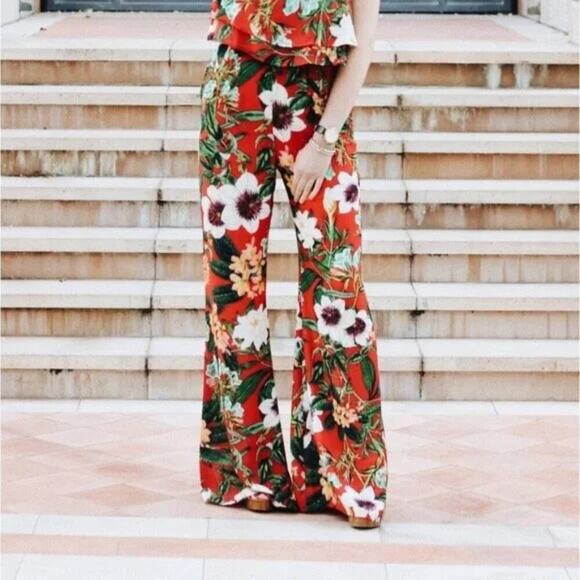 SHOW ME YOUR MUMU Tropical Red Floral Wide Leg Chiffon Eli's Trouser M - Picture 1 of 7